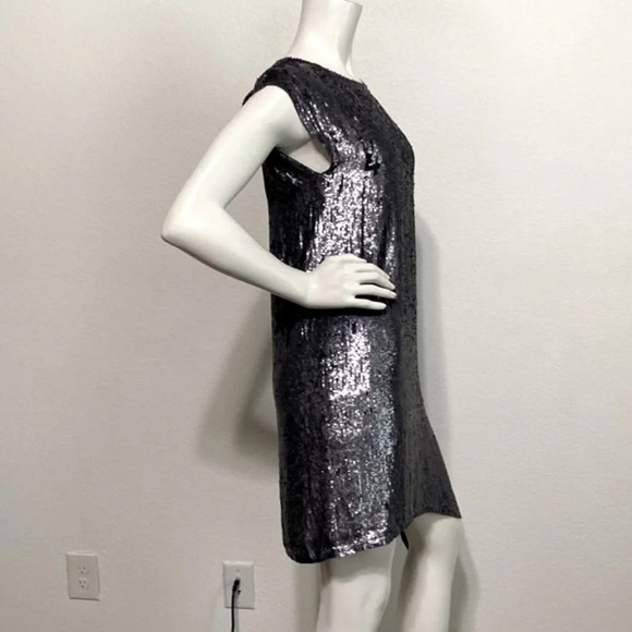 Intermix Gray Sequin Asymmetrical Shift Dress Knee Length Silk Size S - Picture 6 of 8